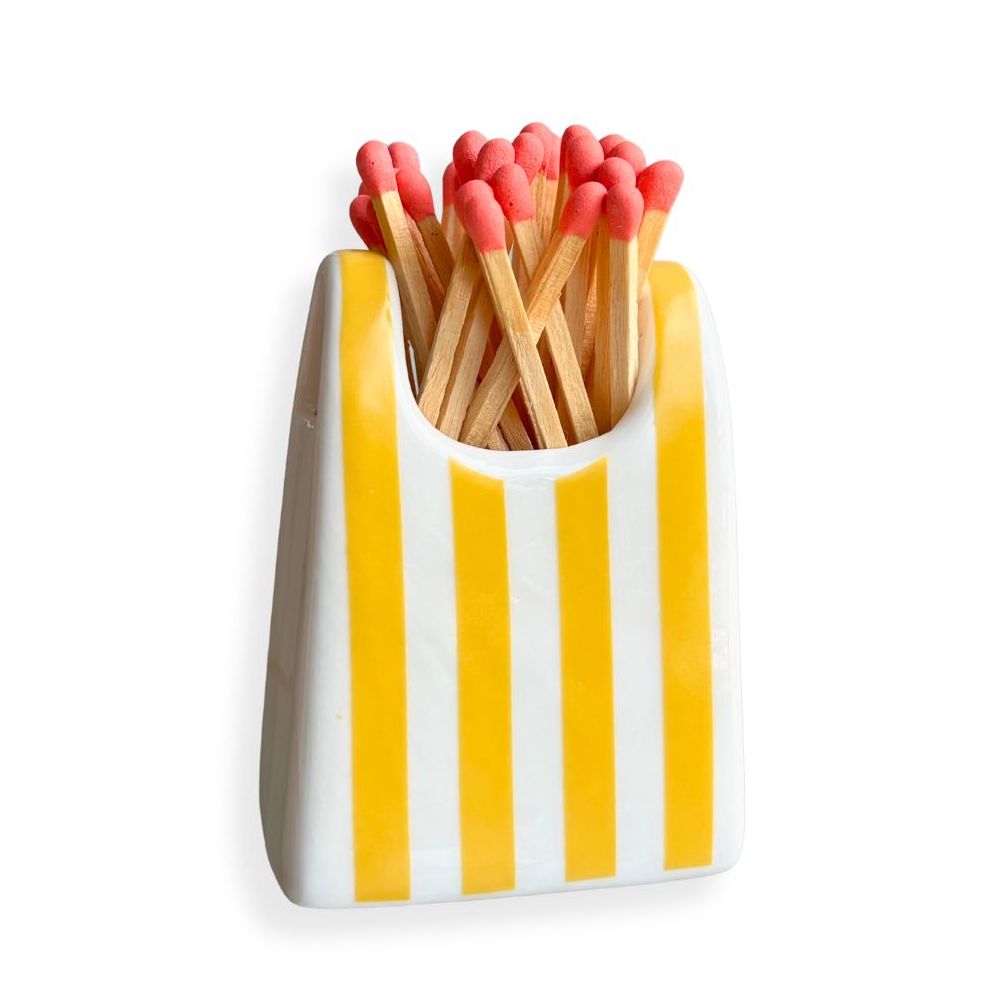 Yellow Stripe Ceramic Bag-Shaped Match Holder - Image 2